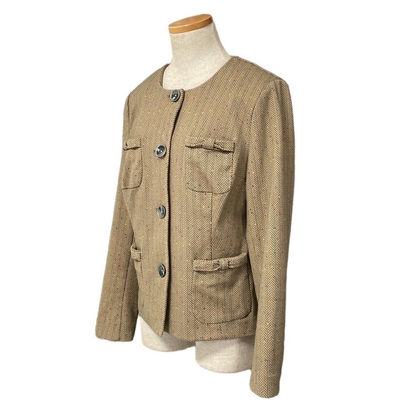 Cabi Penny Blazer Herringbone Brown Tan Bows Pockets Size Medium 3170 - Picture 3 of 17